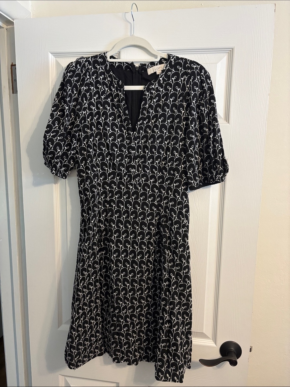 LOFT Black Dress with White Floral Pattern and Puff Sleeves